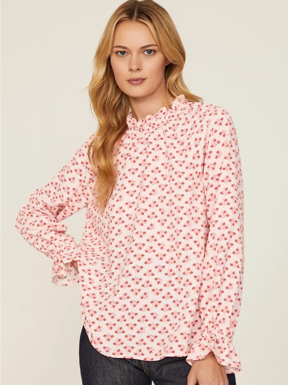 Hill House Long Sleeve Pink Floral Feminine Ruffle Neck Blouse Top Modest
